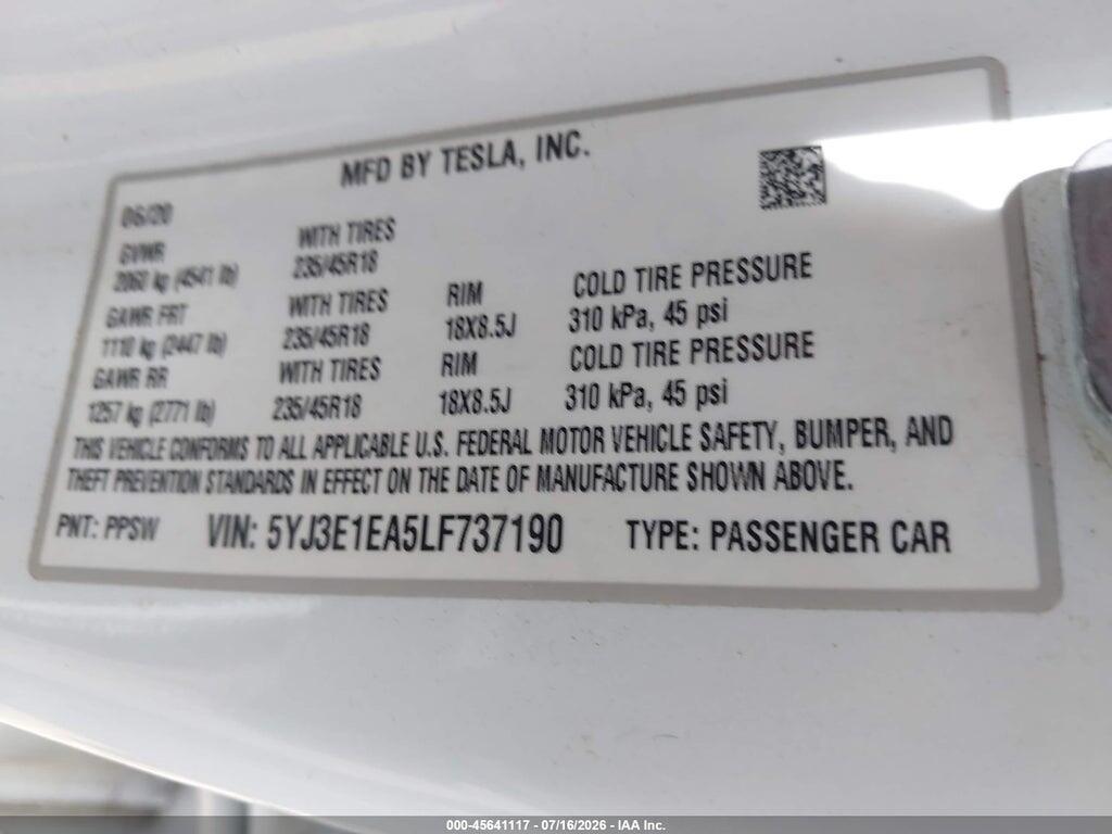 5YJ3E1EA5LF737190 2020 TESLA MODEL 3 photo no. 9