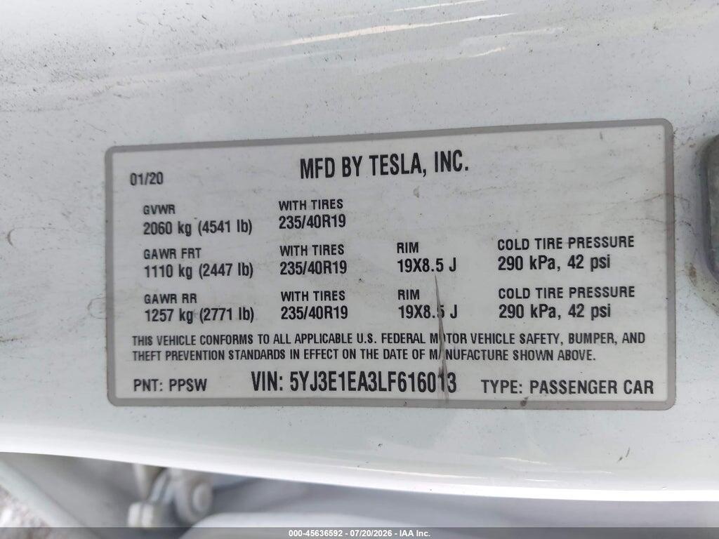 5YJ3E1EA3LF616013 2020 TESLA MODEL 3 photo no. 9