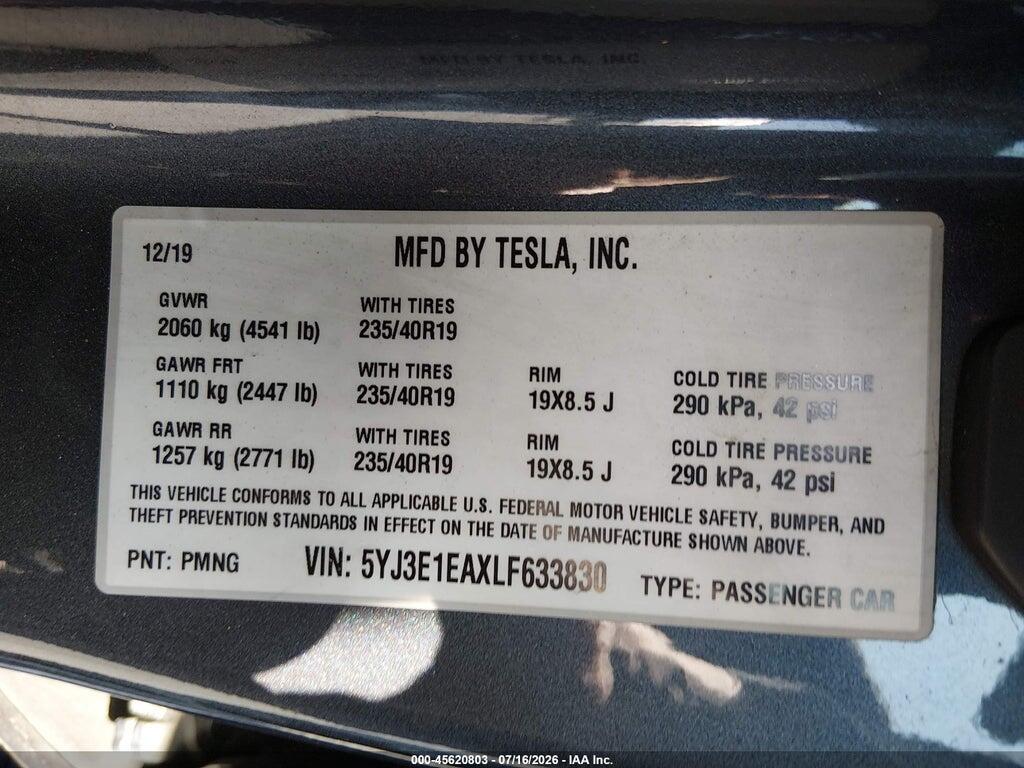 5YJ3E1EAXLF633830 2020 TESLA MODEL 3 photo no. 9