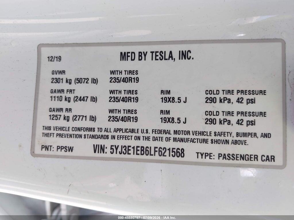 5YJ3E1EB6LF621568 2020 TESLA MODEL 3 photo no. 9