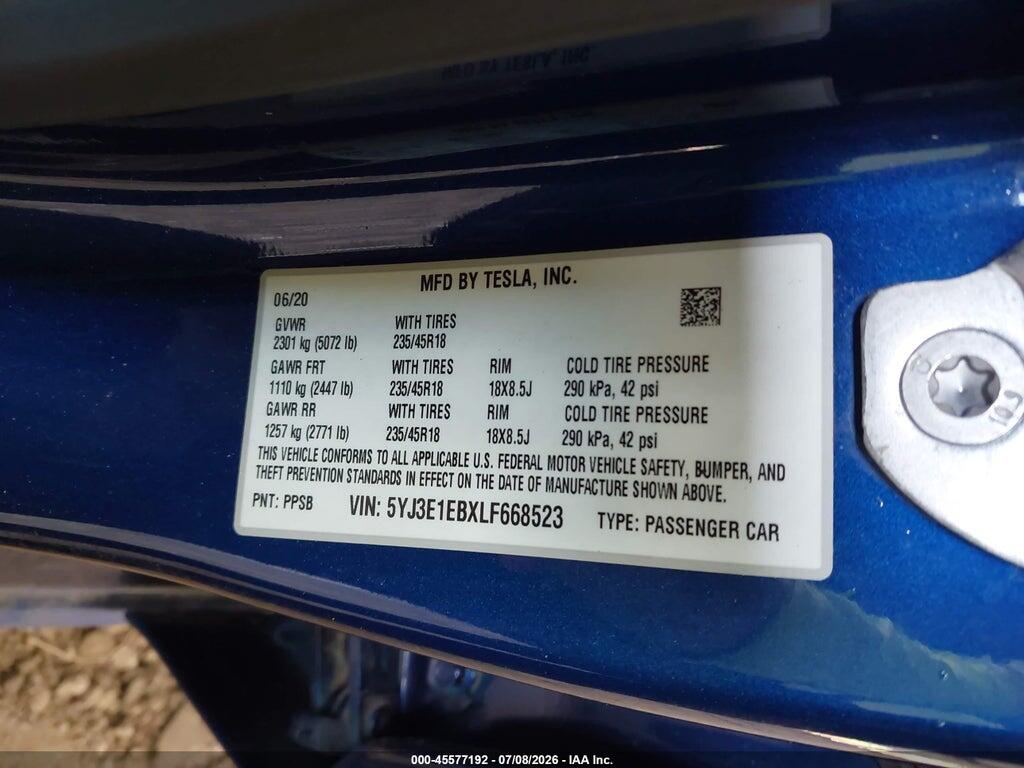 5YJ3E1EBXLF668523 2020 TESLA MODEL 3 photo no. 9
