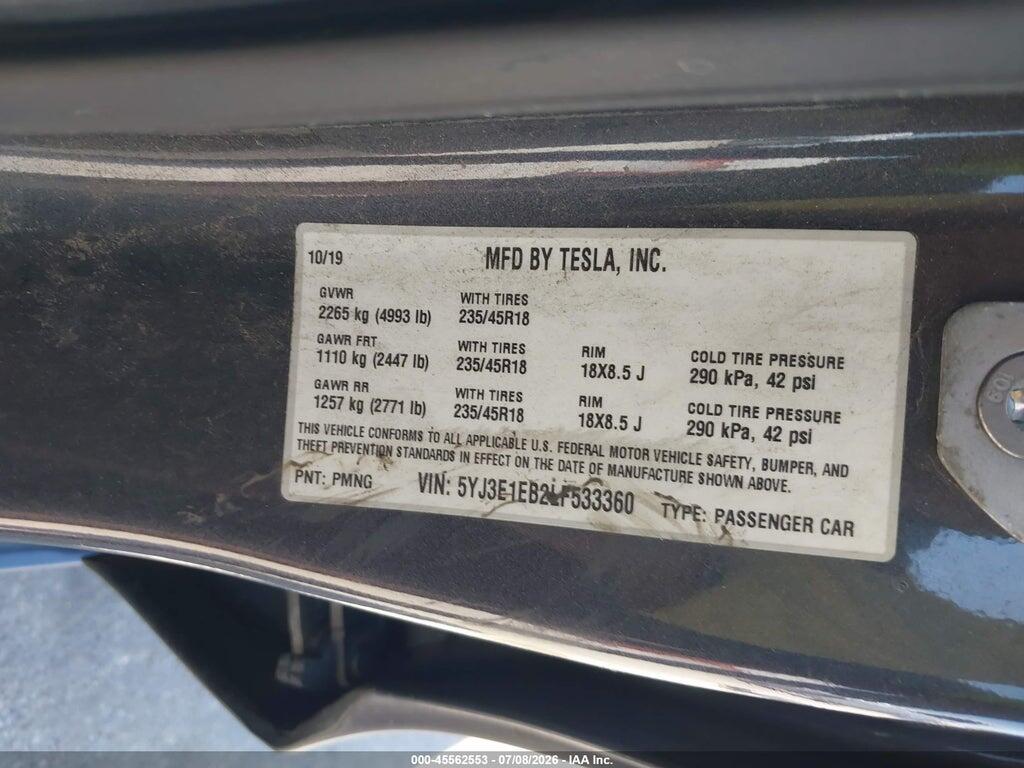 5YJ3E1EB2LF533360 2020 TESLA MODEL 3 photo no. 9