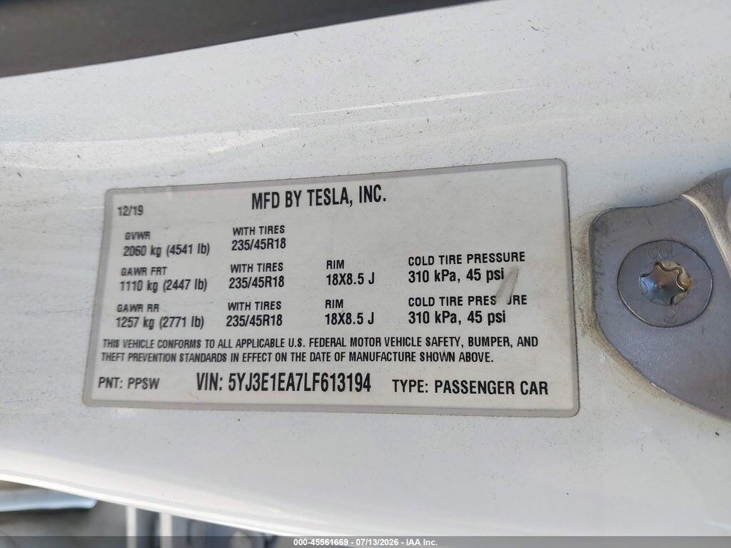 5YJ3E1EA7LF613194 2020 TESLA MODEL 3 photo no. 9
