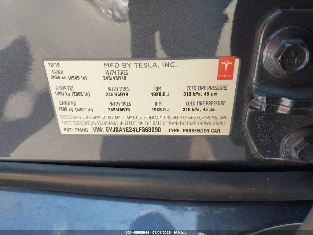 5YJSA1E24LF363090 2020 TESLA MODEL S photo no. 9