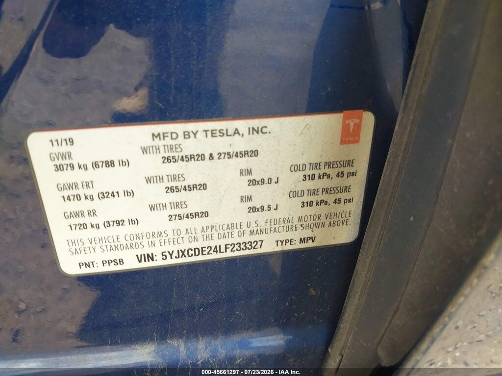 5YJXCDE24LF233327 2020 TESLA MODEL X photo no. 9