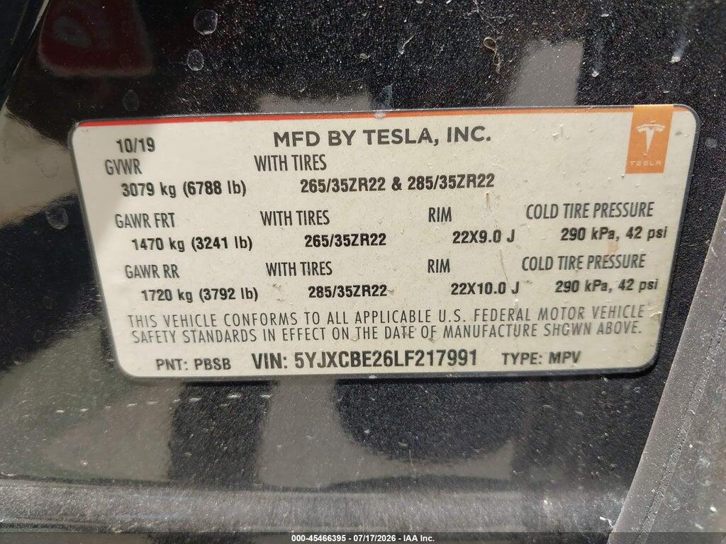 5YJXCBE26LF217991 2020 TESLA MODEL X photo no. 9