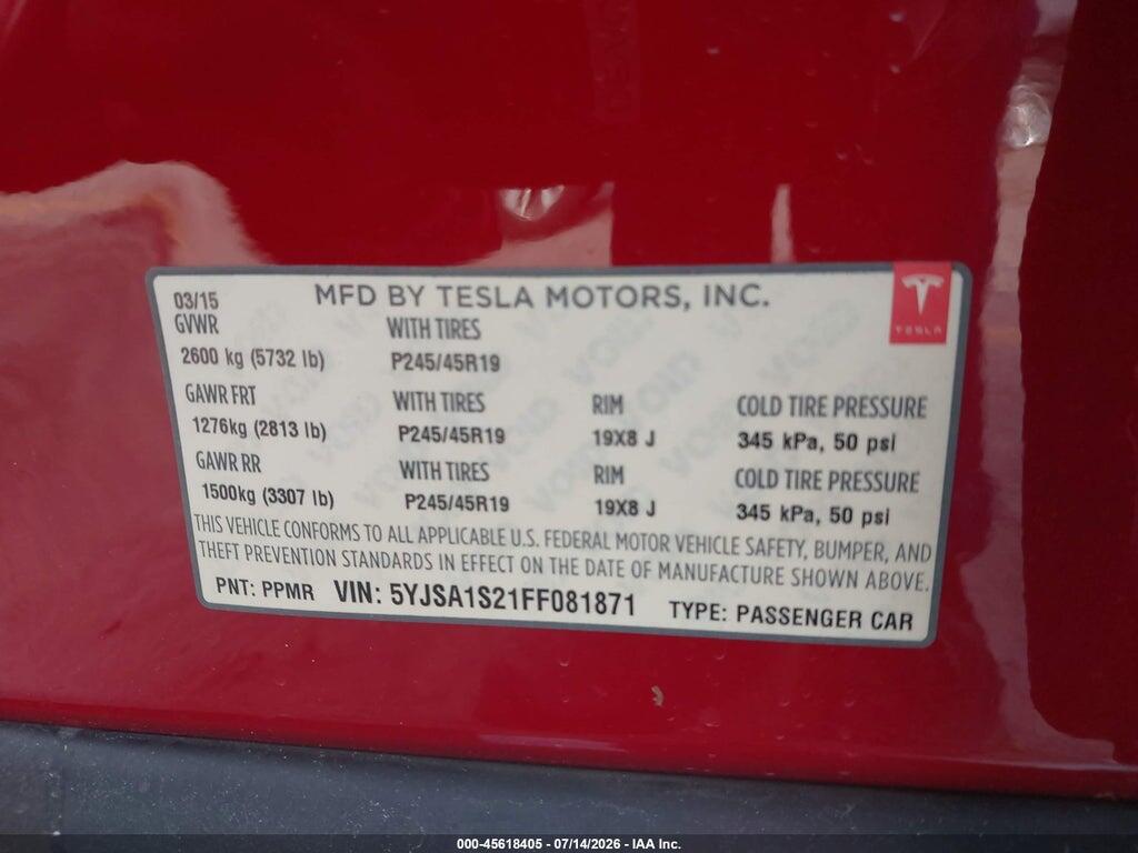 5YJSA1S21FF081871 2015 TESLA MODEL S photo no. 9