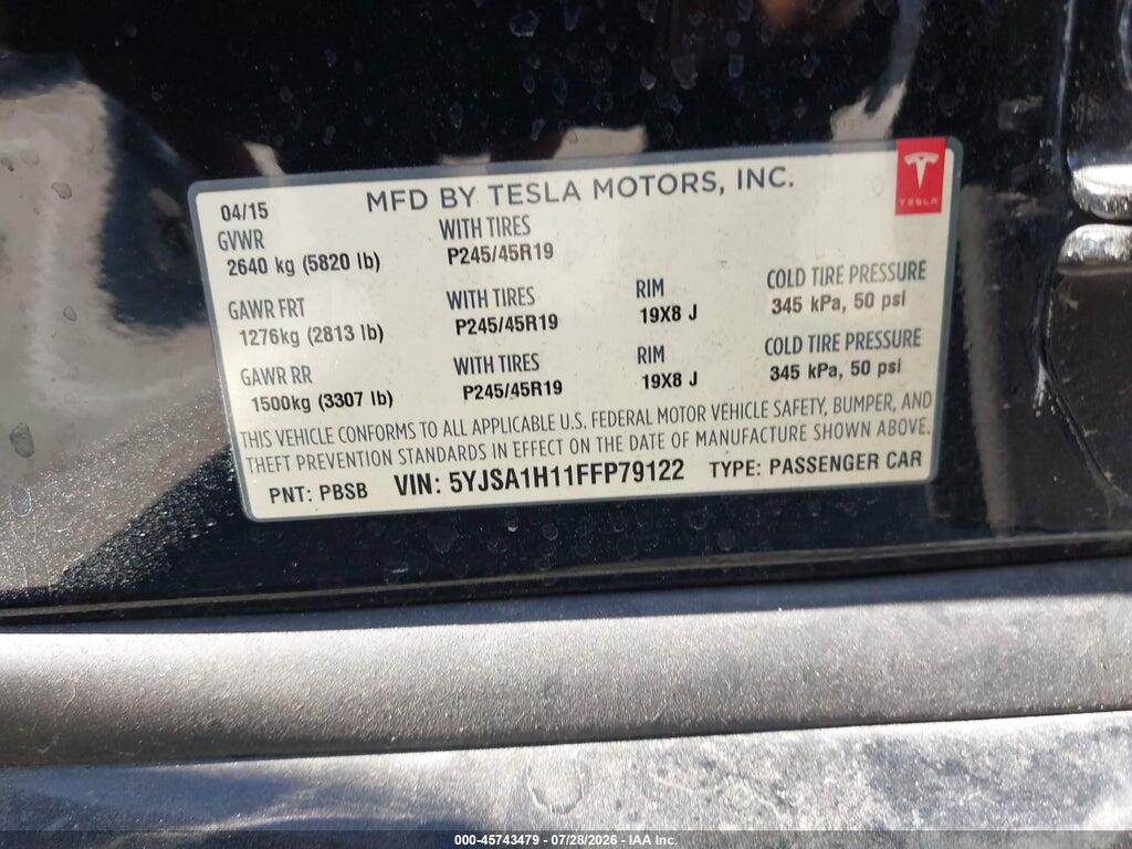 5YJSA1H11FFP79122 2015 TESLA MODEL S photo no. 9
