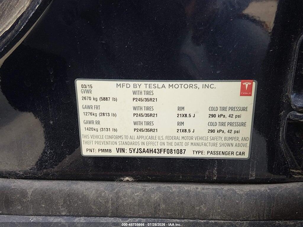 5YJSA4H43FF081087 2015 TESLA MODEL S photo no. 9