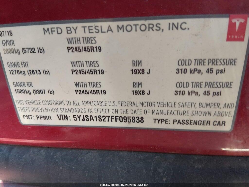 5YJSA1S27FF095838 2015 TESLA MODEL S photo no. 9