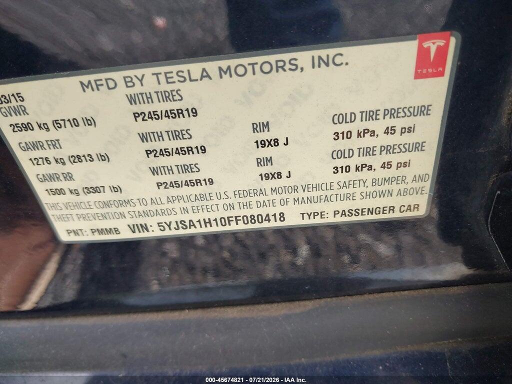 5YJSA1H10FF080418 2015 TESLA MODEL S photo no. 9