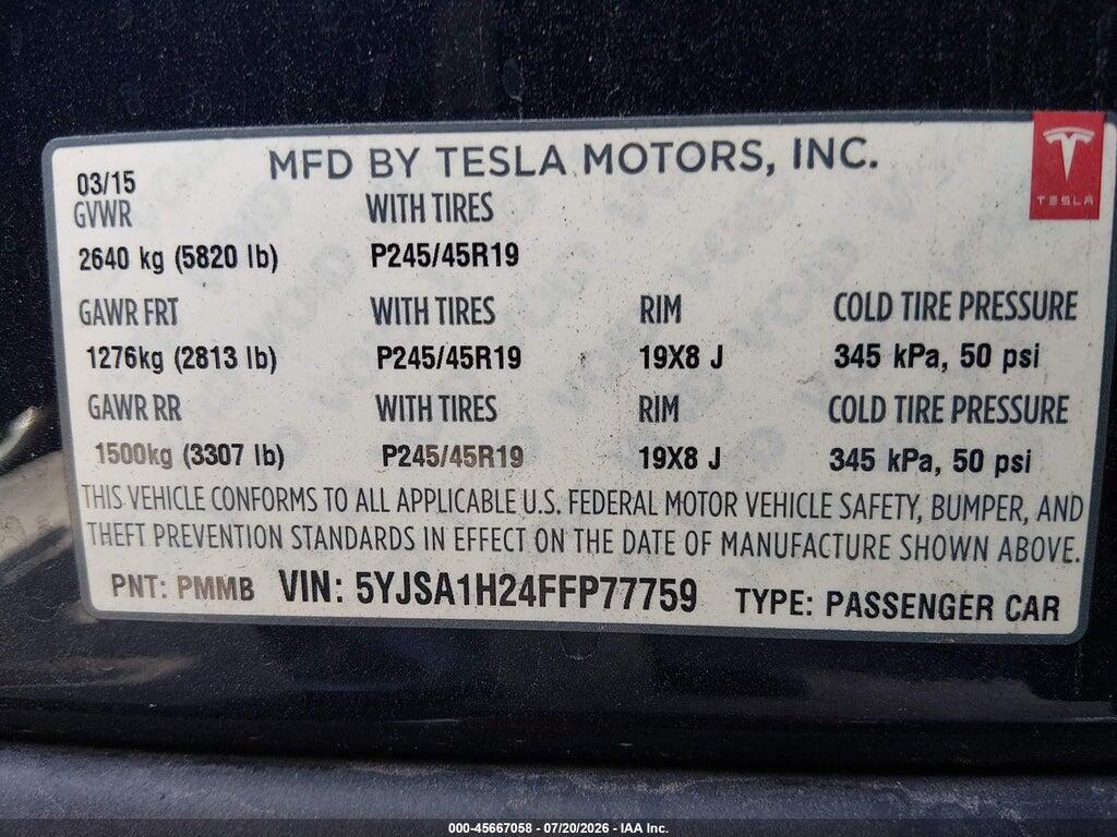 5YJSA1H24FFP77759 2015 TESLA MODEL S photo no. 9