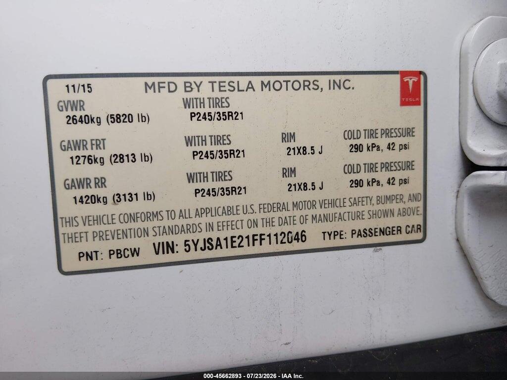 5YJSA1E21FF112046 2015 TESLA MODEL S photo no. 9