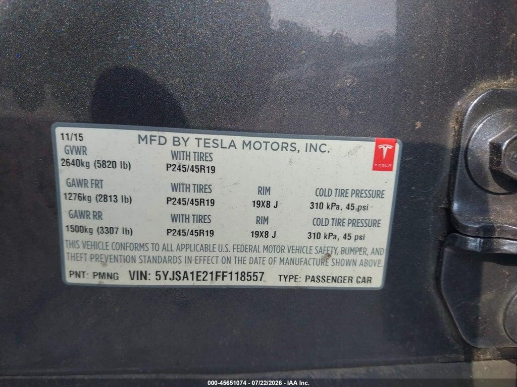 5YJSA1E21FF118557 2015 TESLA MODEL S photo no. 9
