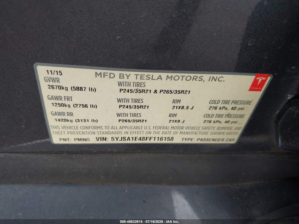 5YJSA1E48FF116158 2015 TESLA MODEL S photo no. 9