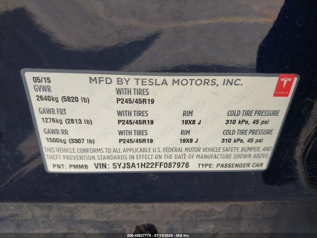 5YJSA1H22FF087976 2015 TESLA MODEL S photo no. 9