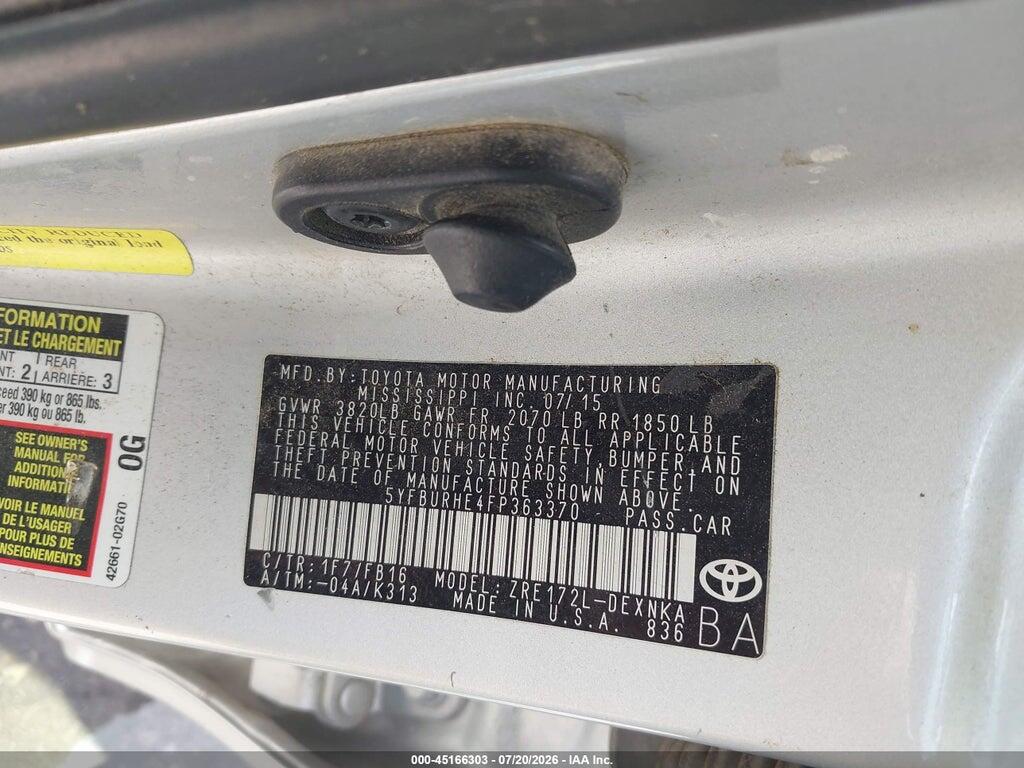 5YFBURHE4FP363370 2015 TOYOTA COROLLA photo no. 9