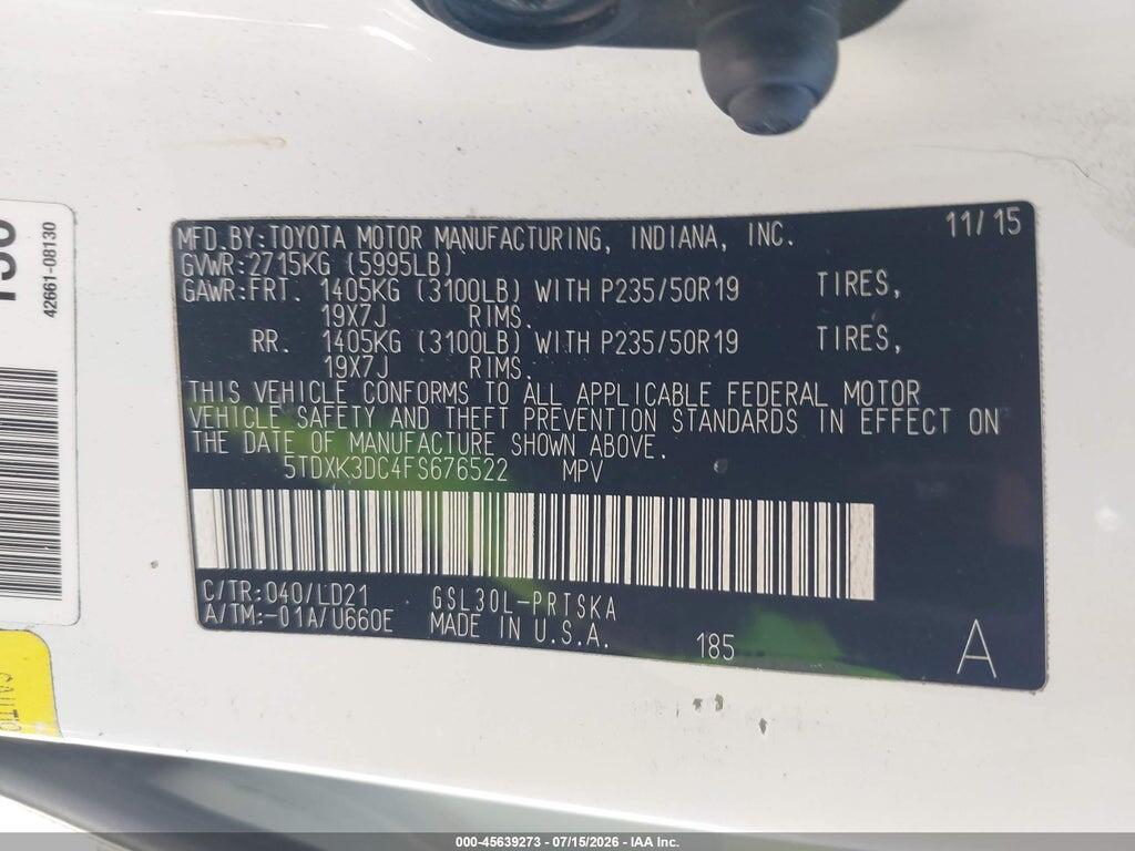 5TDXK3DC4FS676522 2015 TOYOTA SIENNA photo no. 9