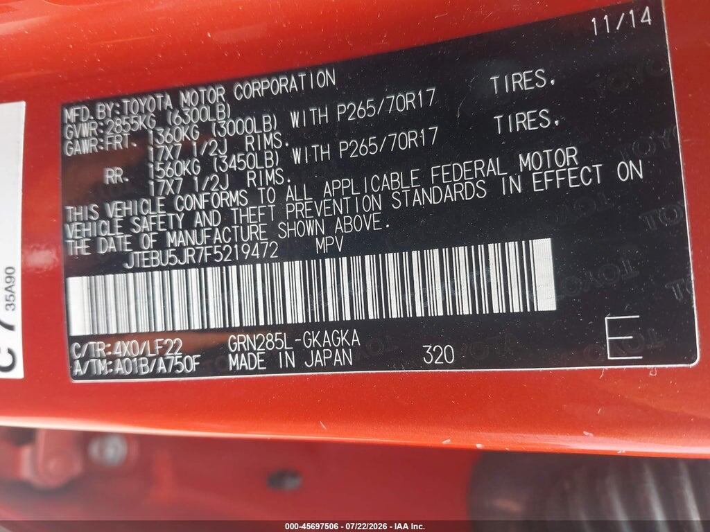 JTEBU5JR7F5219472 2015 TOYOTA 4RUNNER photo no. 9