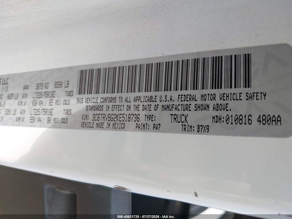 3C6TRVBG2KE518736 2019 RAM PROMASTER 1500 photo no. 9