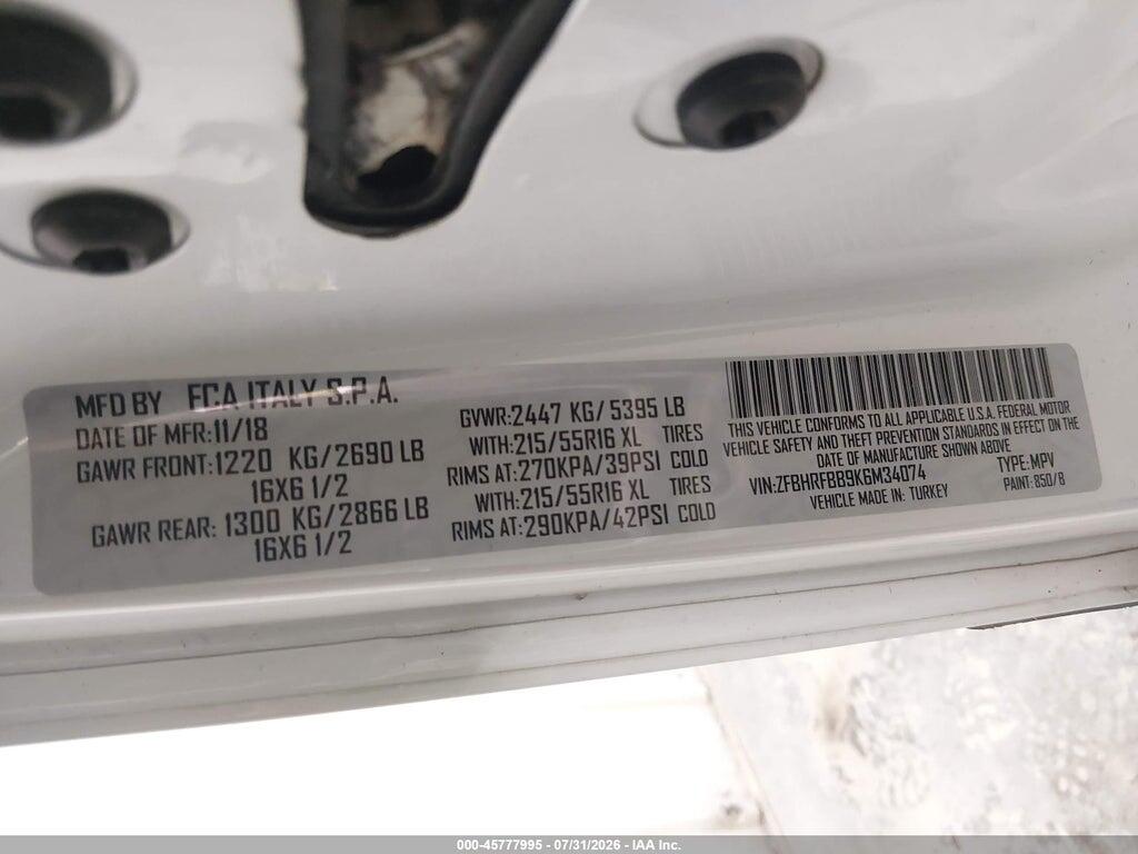 ZFBHRFBB9K6M34074 2019 RAM PROMASTER CITY photo no. 9