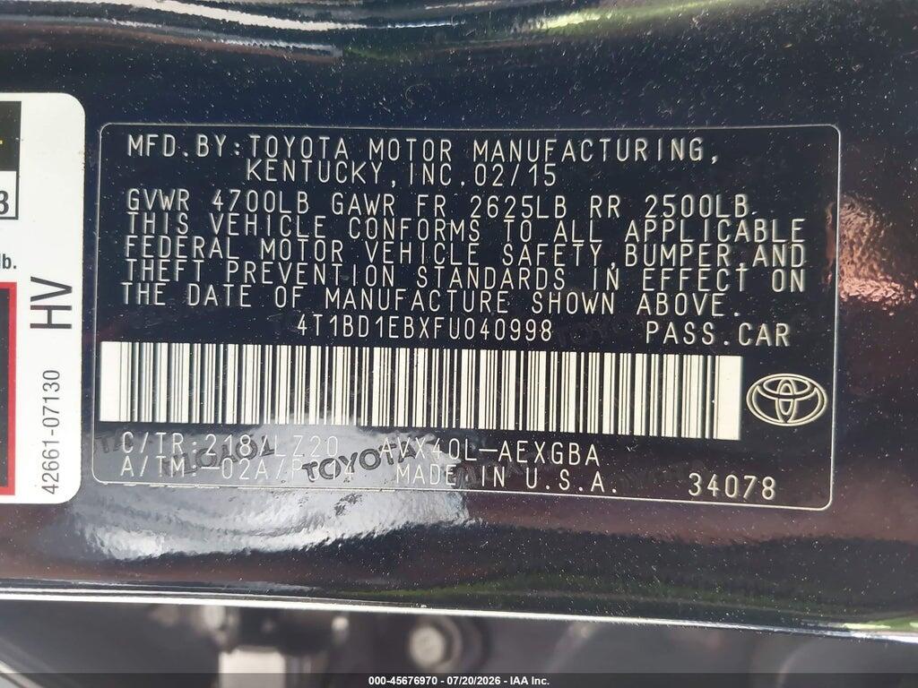 4T1BD1EBXFU040998 2015 TOYOTA AVALON HYBRID photo no. 9