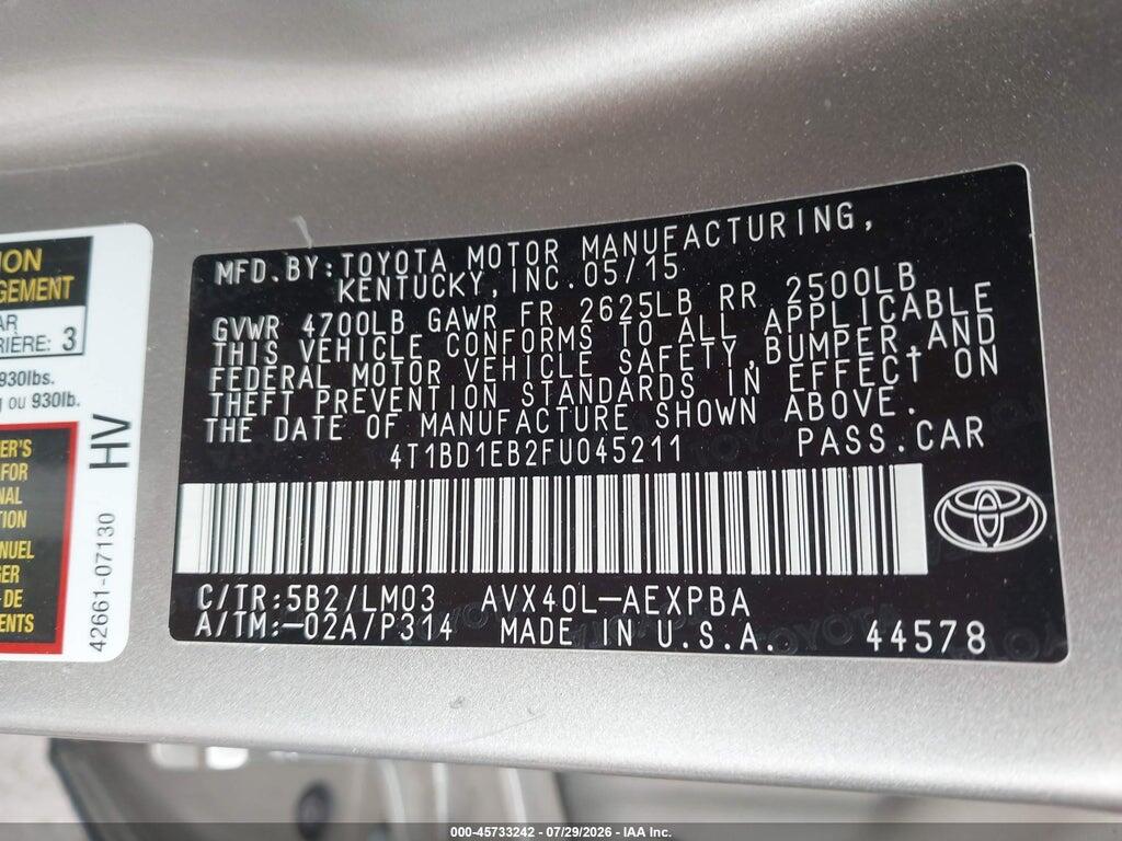 4T1BD1EB2FU045211 2015 TOYOTA AVALON HYBRID photo no. 9