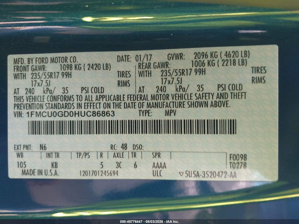 1FMCU0GD0HUC86863 2017 FORD ESCAPE photo no. 9