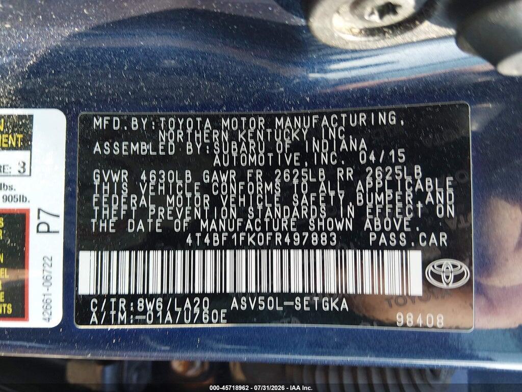 4T4BF1FK0FR497883 2015 TOYOTA CAMRY photo no. 9