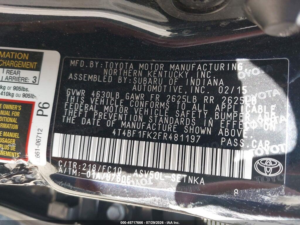 4T4BF1FK2FR481197 2015 TOYOTA CAMRY photo no. 9