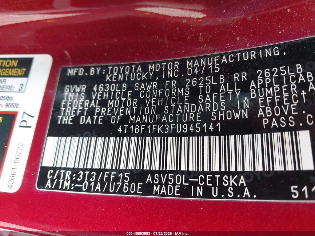 4T1BF1FK3FU945141 2015 TOYOTA CAMRY photo no. 9