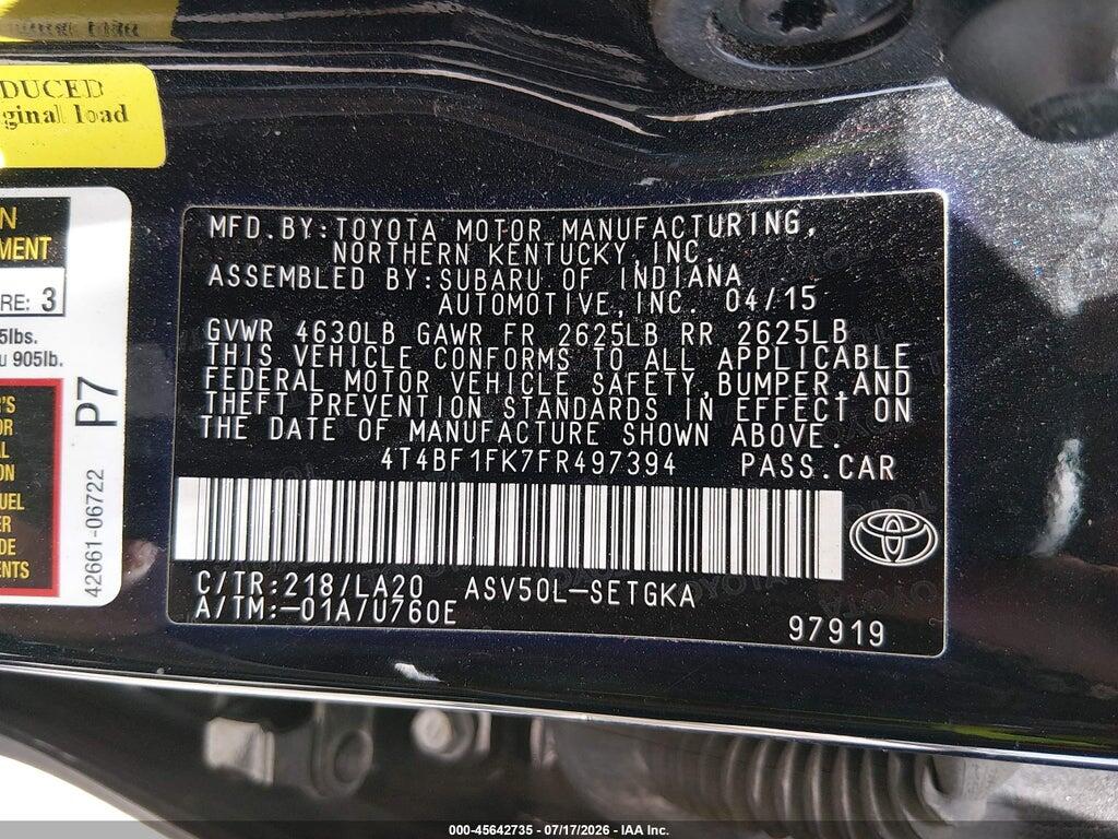 4T4BF1FK7FR497394 2015 TOYOTA CAMRY photo no. 9