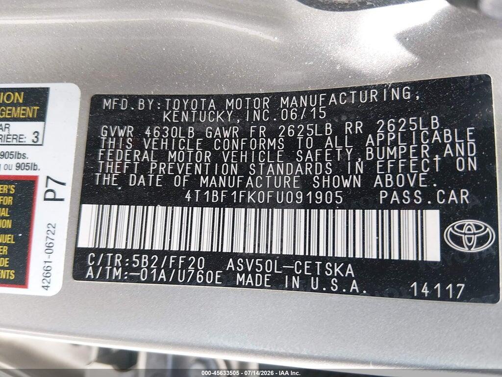 4T1BF1FK0FU091905 2015 TOYOTA CAMRY photo no. 9