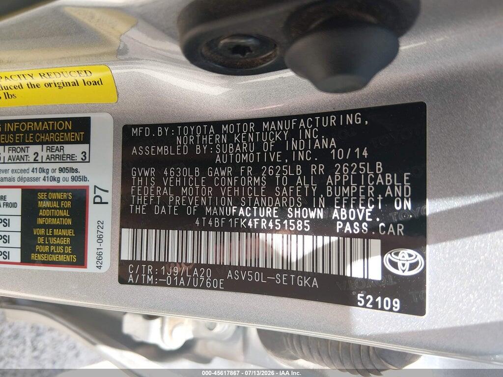 4T4BF1FK4FR451585 2015 TOYOTA CAMRY photo no. 9