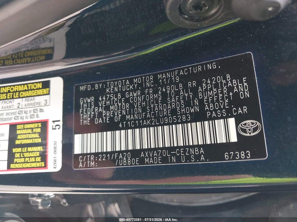 4T1C11AK2LU905283 2020 TOYOTA CAMRY photo no. 9