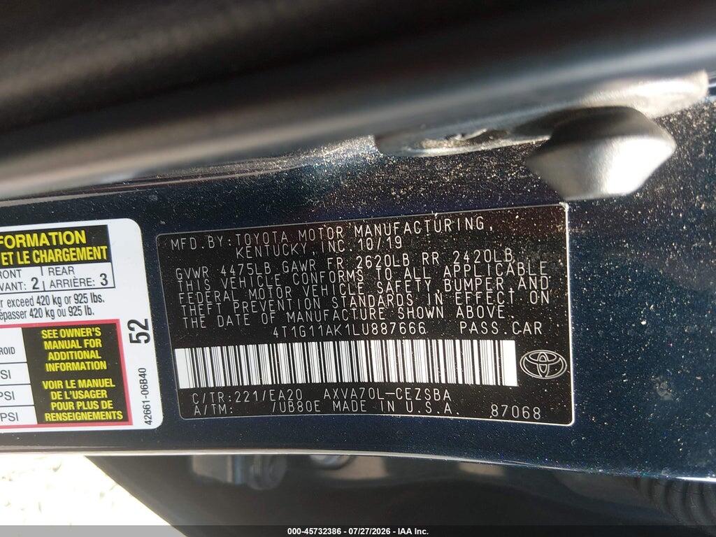 4T1G11AK1LU887666 2020 TOYOTA CAMRY photo no. 9