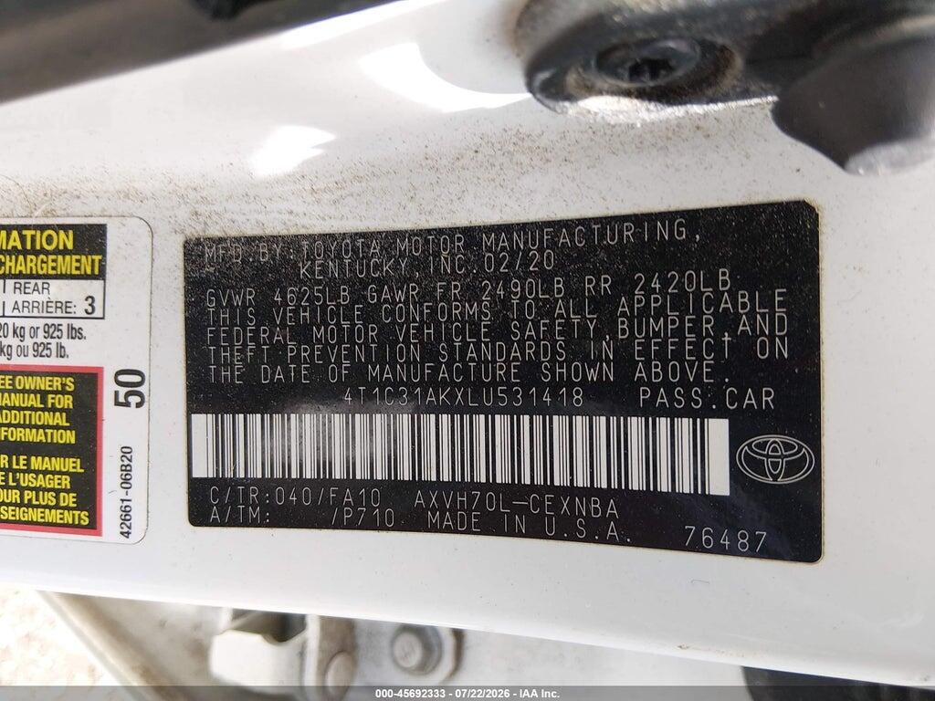 4T1C31AKXLU531418 2020 TOYOTA CAMRY photo no. 9