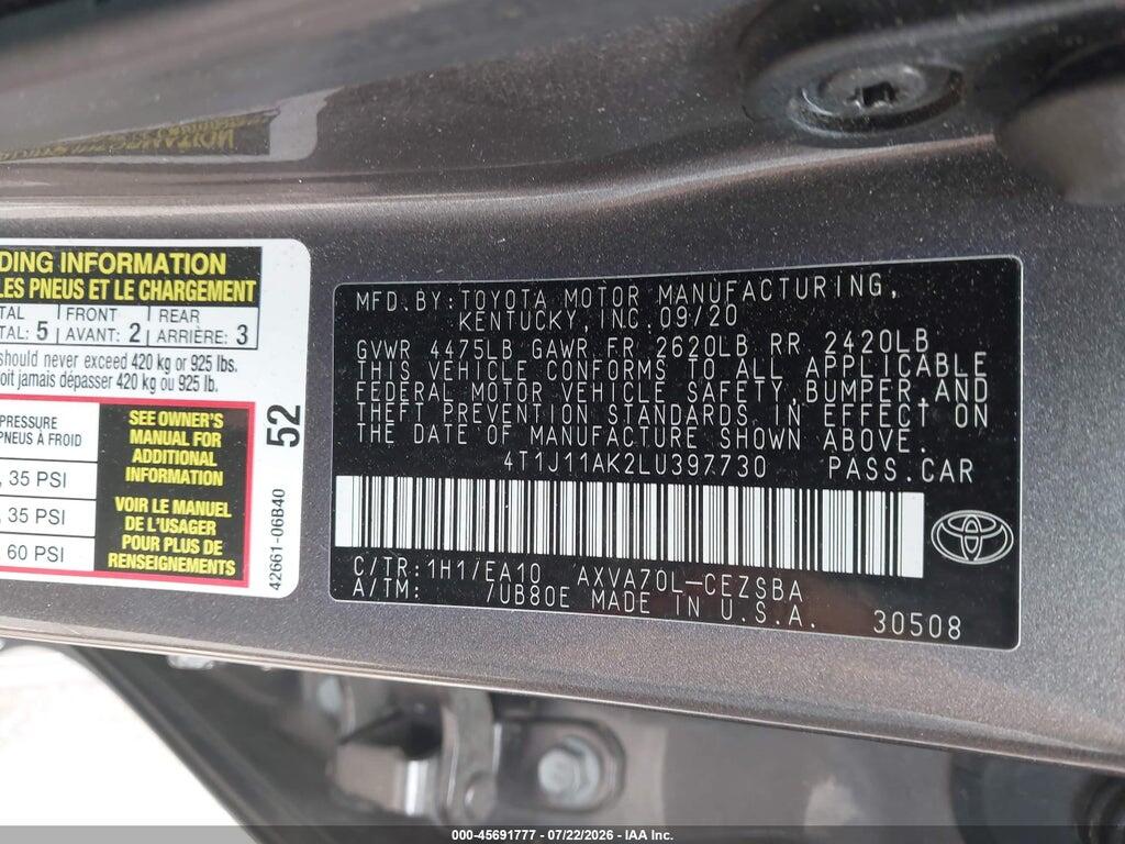 4T1J11AK2LU397730 2020 TOYOTA CAMRY photo no. 9