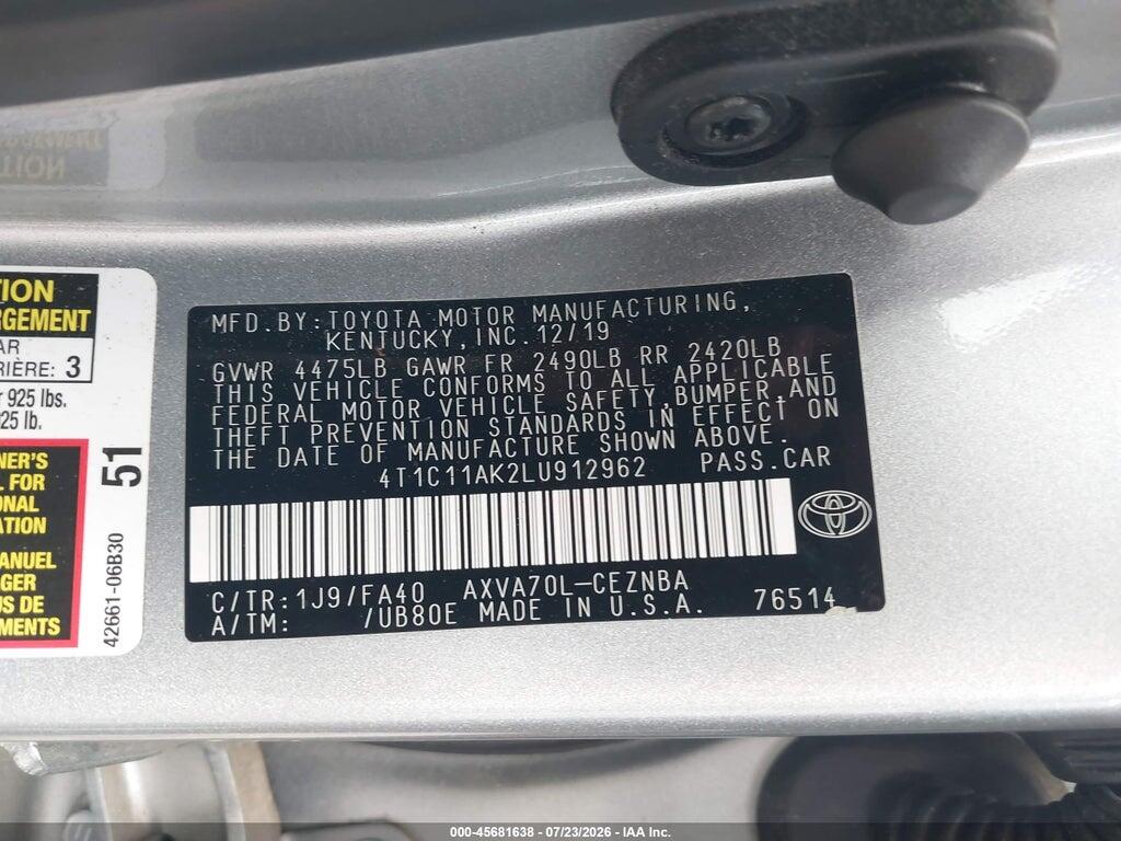 4T1C11AK2LU912962 2020 TOYOTA CAMRY photo no. 9