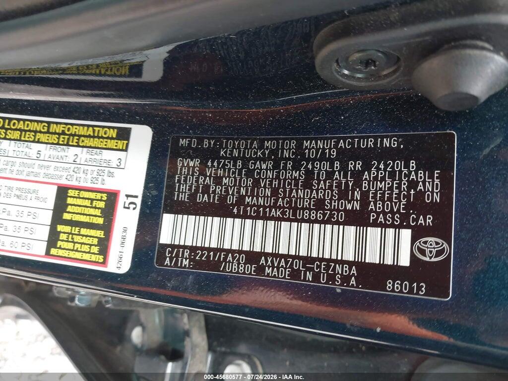 4T1C11AK3LU886730 2020 TOYOTA CAMRY photo no. 9