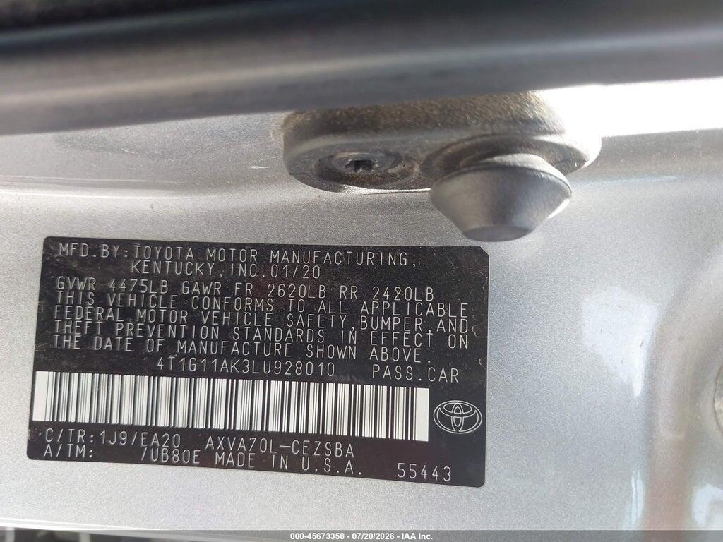 4T1G11AK3LU928010 2020 TOYOTA CAMRY photo no. 9