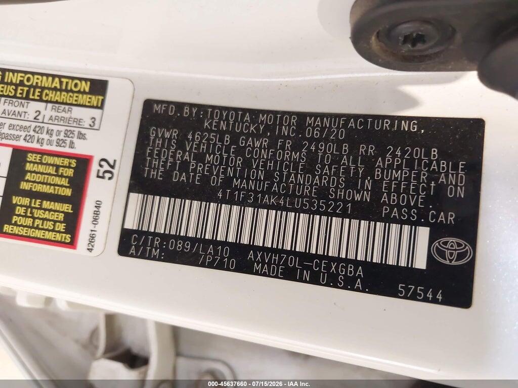 4T1F31AK4LU535221 2020 TOYOTA CAMRY photo no. 9