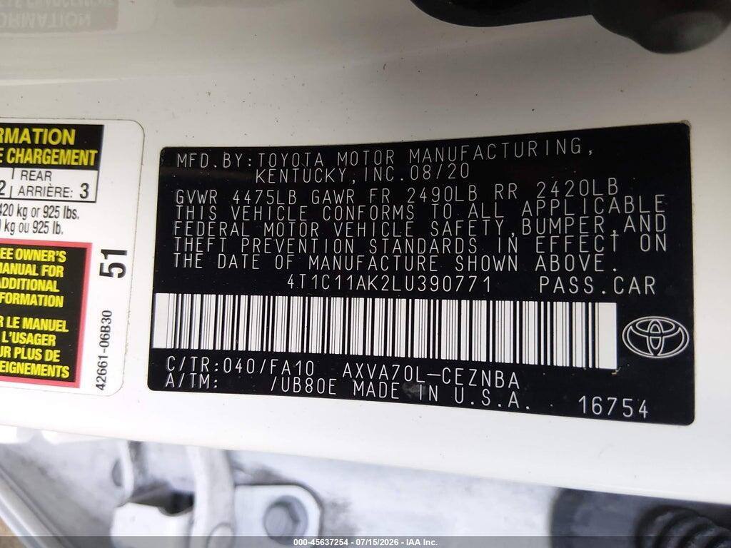 4T1C11AK2LU390771 2020 TOYOTA CAMRY photo no. 9