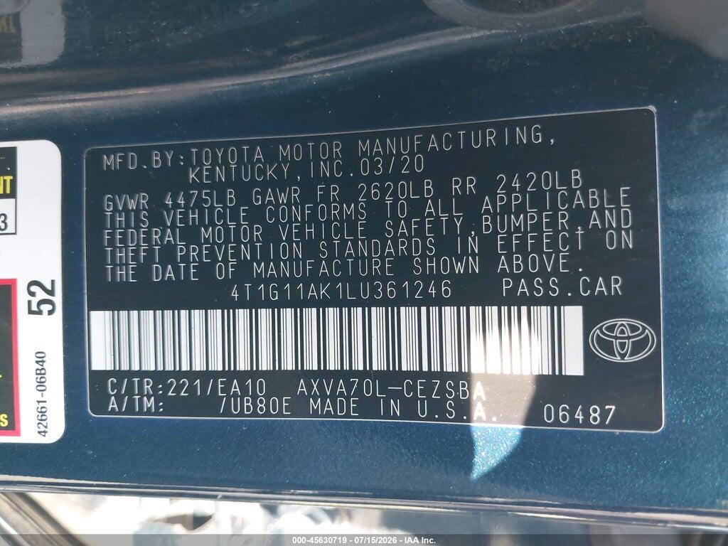 4T1G11AK1LU361246 2020 TOYOTA CAMRY photo no. 9