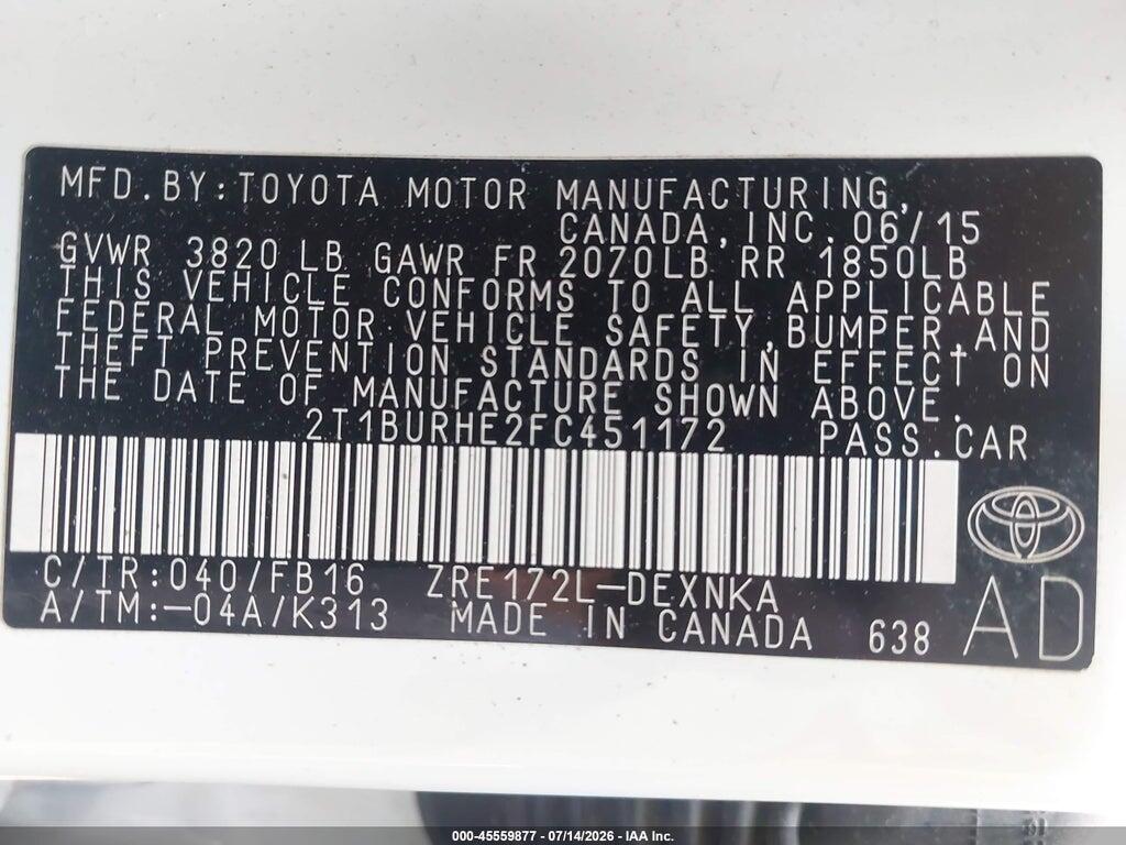 2T1BURHE2FC451172 2015 TOYOTA COROLLA photo no. 9