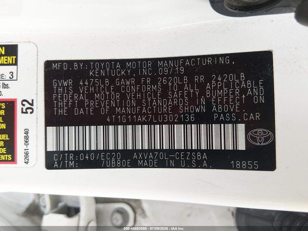4T1G11AK7LU302136 2020 TOYOTA CAMRY photo no. 9