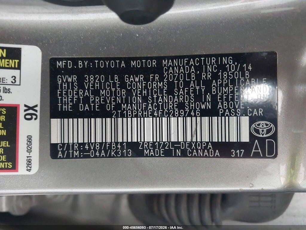 2T1BPRHE4FC289746 2015 TOYOTA COROLLA photo no. 9