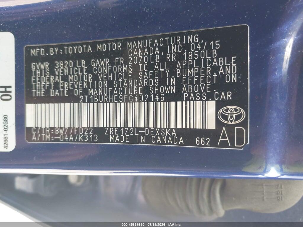 2T1BURHE9FC402146 2015 TOYOTA COROLLA photo no. 9