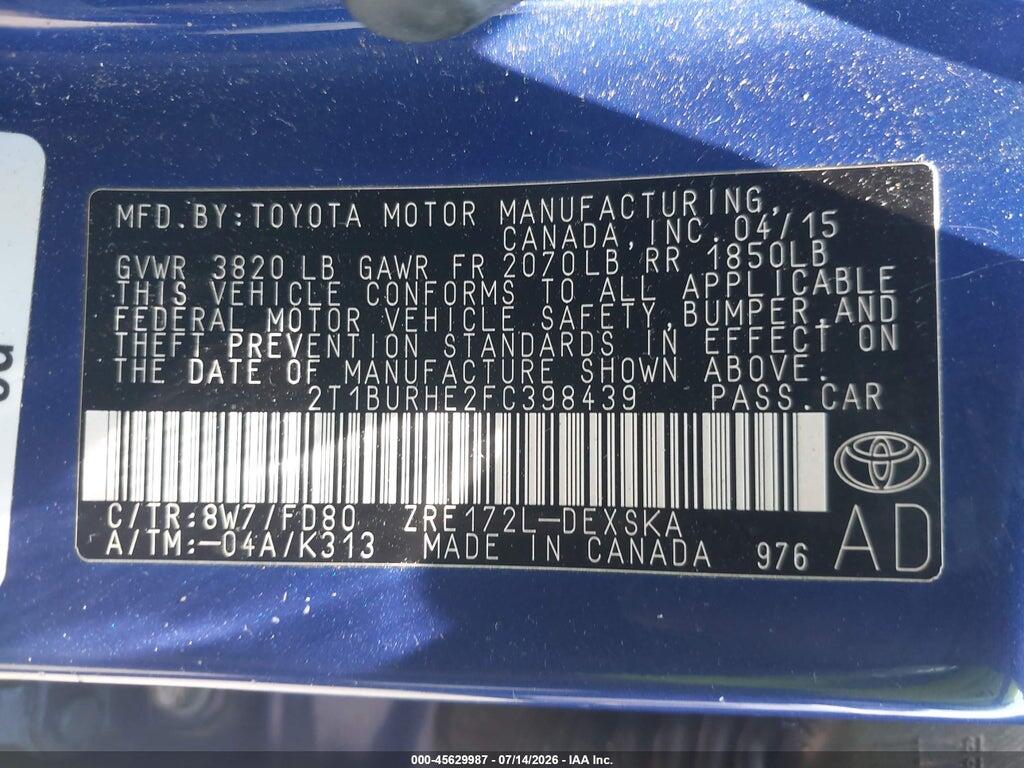 2T1BURHE2FC398439 2015 TOYOTA COROLLA photo no. 9