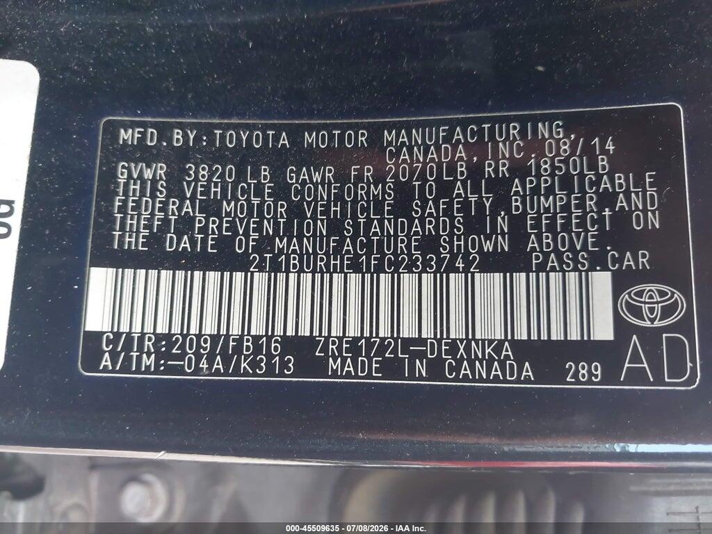 2T1BURHE1FC233742 2015 TOYOTA COROLLA photo no. 9